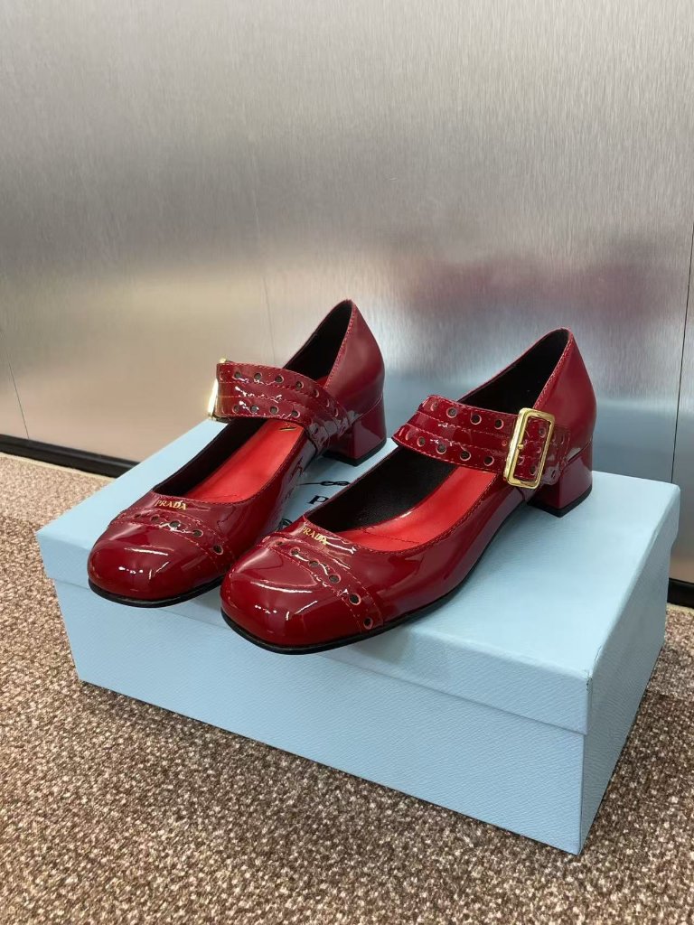 Prada Red Patent Leather Mary Jane Chunky Heels